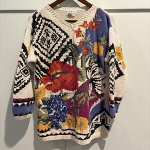 Vintage Jennifer Reed Novelty Sweater Medium Hand Knit Ramie Floral 80s 90s